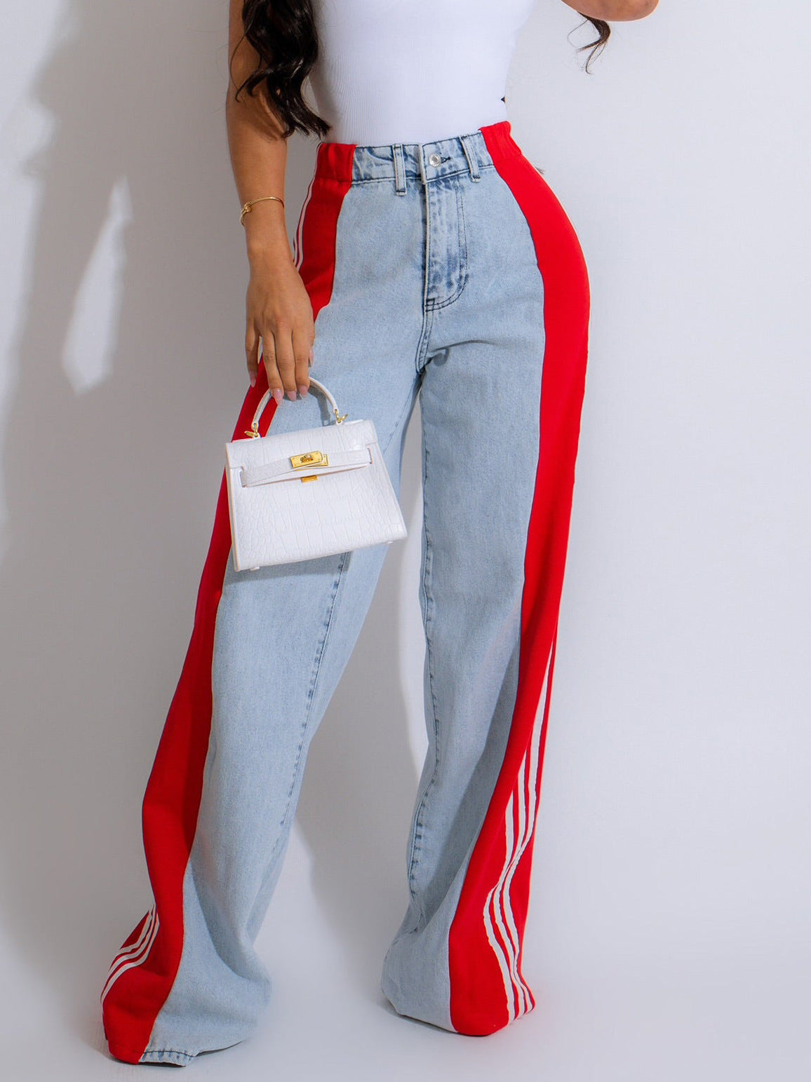 Casual High Waist Elastic Straight Leg Trousers, Denim Wide Leg Pants