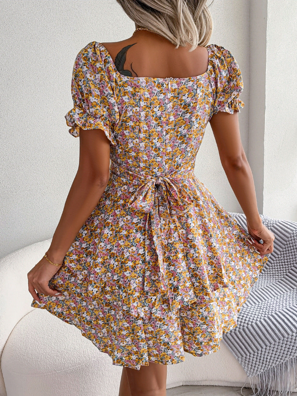 Mini Dress Swing Loose Hem Flower Print Shirring Dress