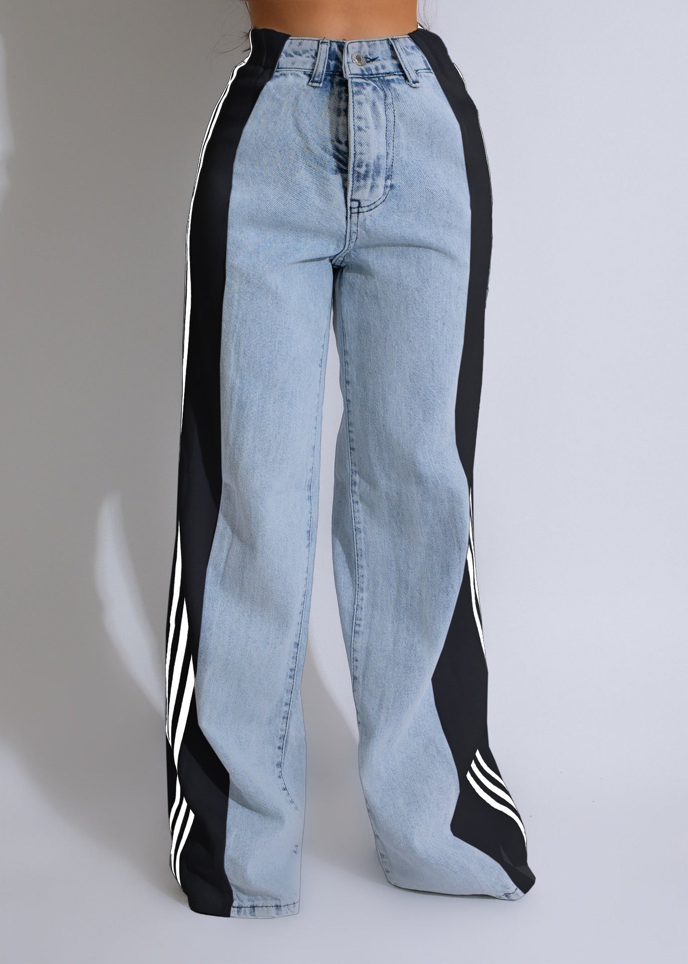 Casual High Waist Elastic Straight Leg Trousers, Denim Wide Leg Pants