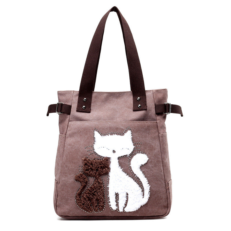 KVKY Women Canvas Bag Handbag Cute Plush Cat Appliques Beach Bag