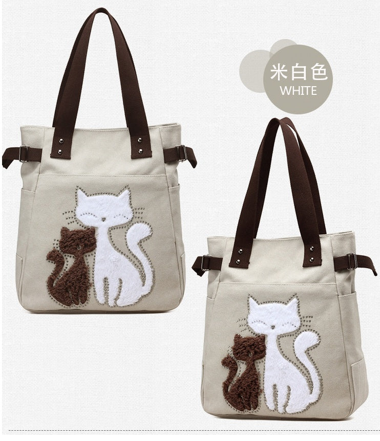 KVKY Women Canvas Bag Handbag Cute Plush Cat Appliques Beach Bag