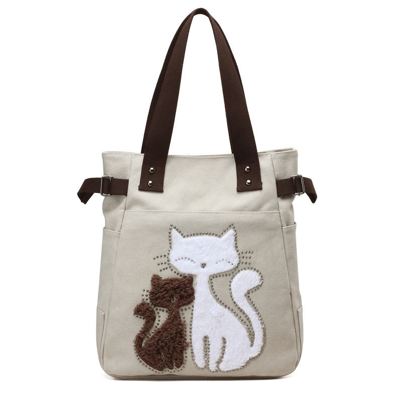 KVKY Women Canvas Bag Handbag Cute Plush Cat Appliques Beach Bag