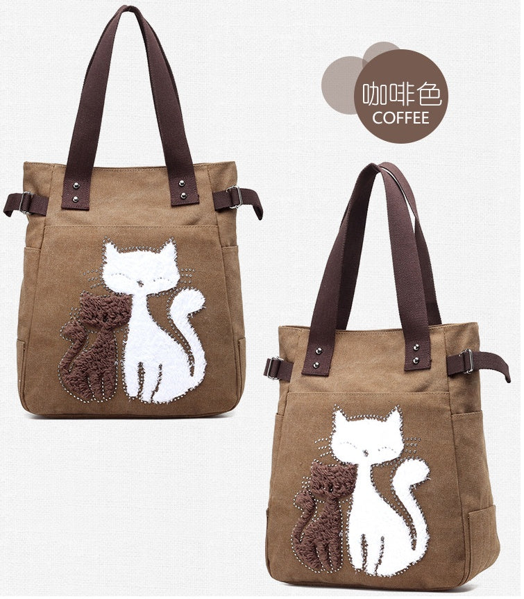 KVKY Women Canvas Bag Handbag Cute Plush Cat Appliques Beach Bag