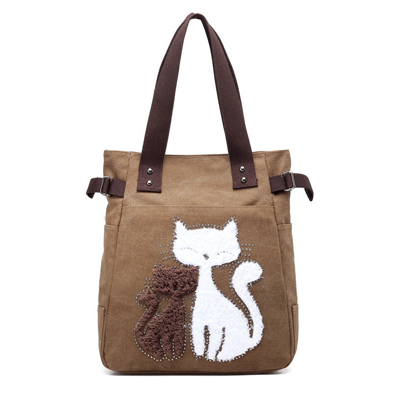 KVKY Women Canvas Bag Handbag Cute Plush Cat Appliques Beach Bag