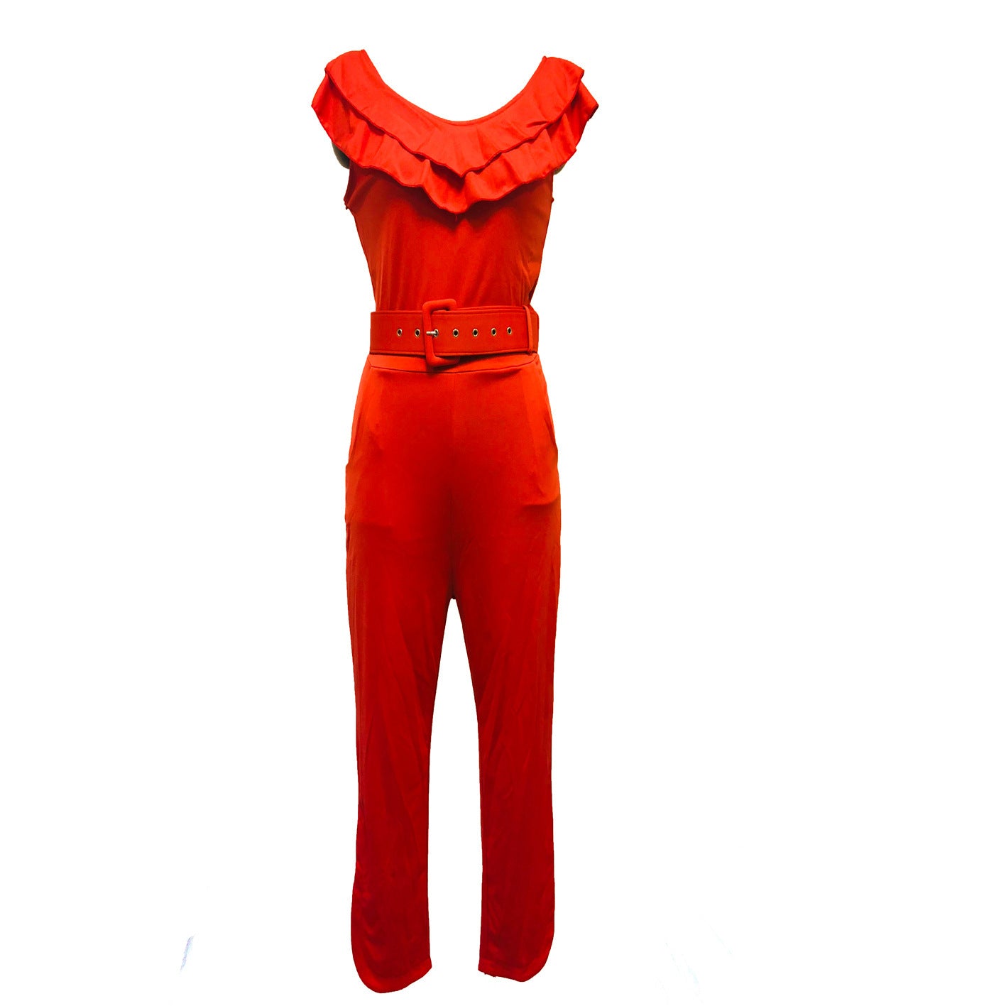 Hot Style Jumpsuit With Belt Layered Frilly Skirt Leg High Waist Slim Cropped Trousers