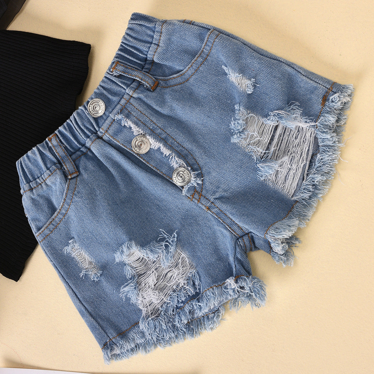 2 pc Kids Suit. Sleeves Striped Top Ripped Denim Shorts