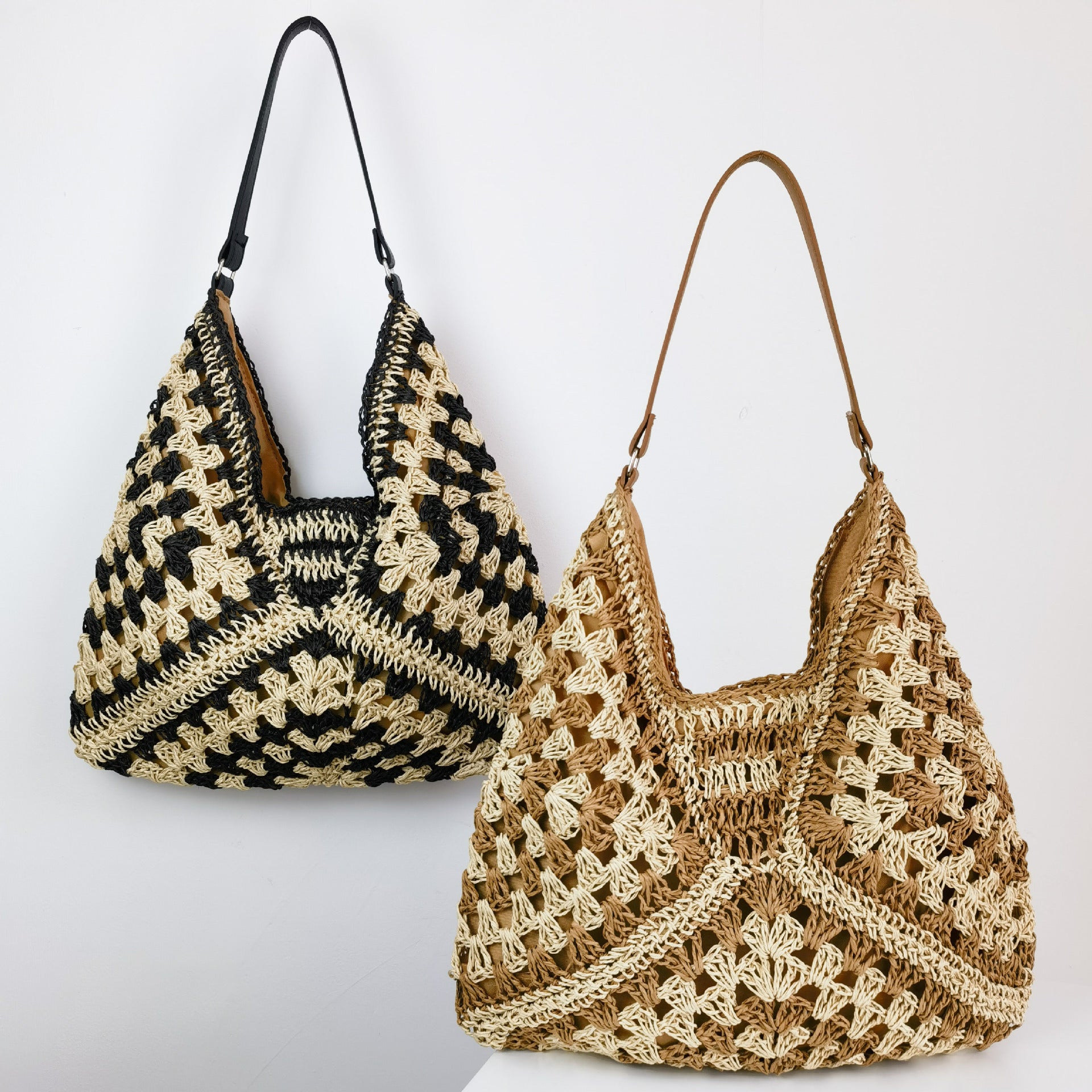 Handmade Straw Woven Hollow Contrast Color Weave Shoulder Bag