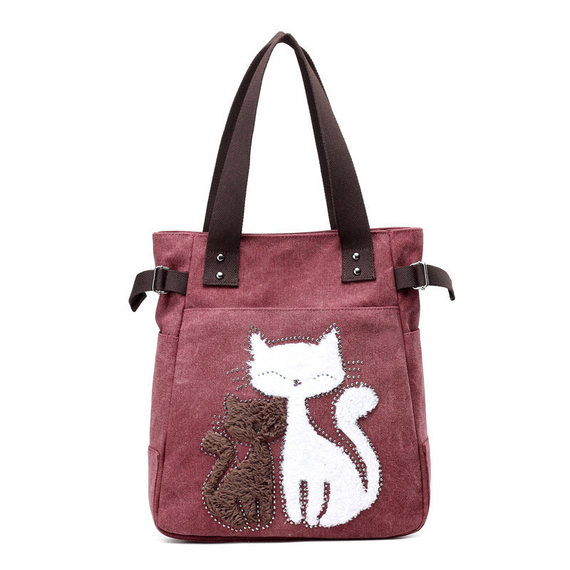 KVKY Women Canvas Bag Handbag Cute Plush Cat Appliques Beach Bag