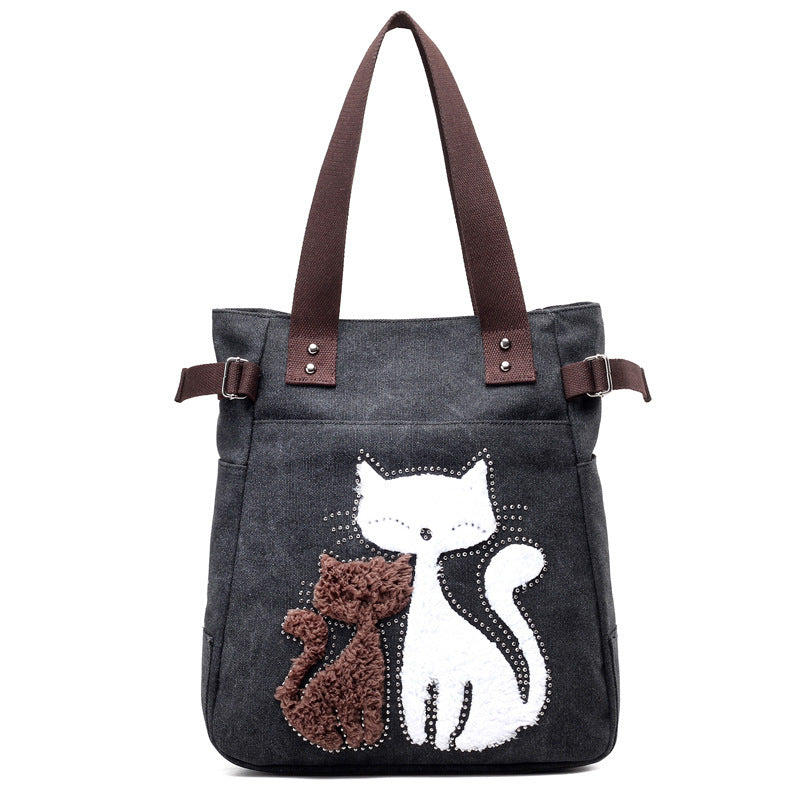 KVKY Women Canvas Bag Handbag Cute Plush Cat Appliques Beach Bag