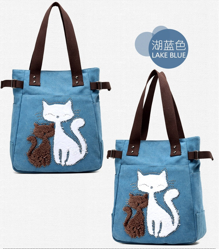 KVKY Women Canvas Bag Handbag Cute Plush Cat Appliques Beach Bag