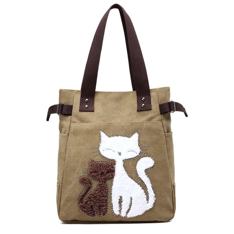 KVKY Women Canvas Bag Handbag Cute Plush Cat Appliques Beach Bag