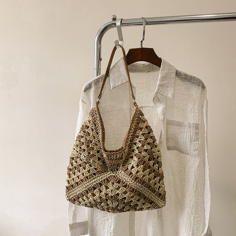 Handmade Straw Woven Hollow Contrast Color Weave Shoulder Bag