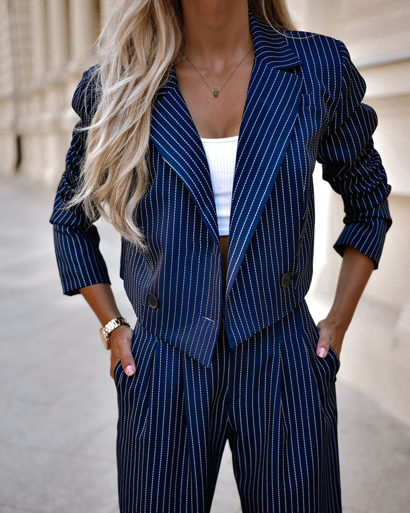 Striped Suits Casual Lapel Long Sleeve Cropped Top And Straight Pants Outfits