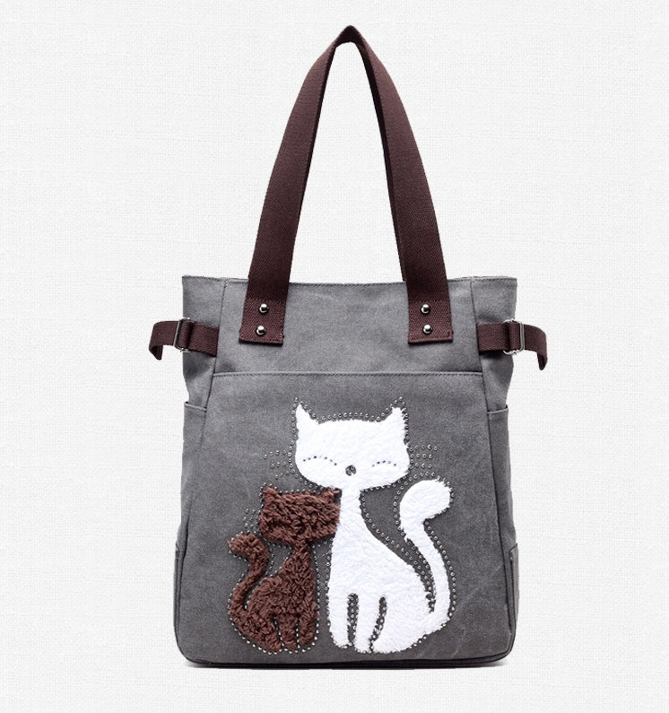 KVKY Women Canvas Bag Handbag Cute Plush Cat Appliques Beach Bag