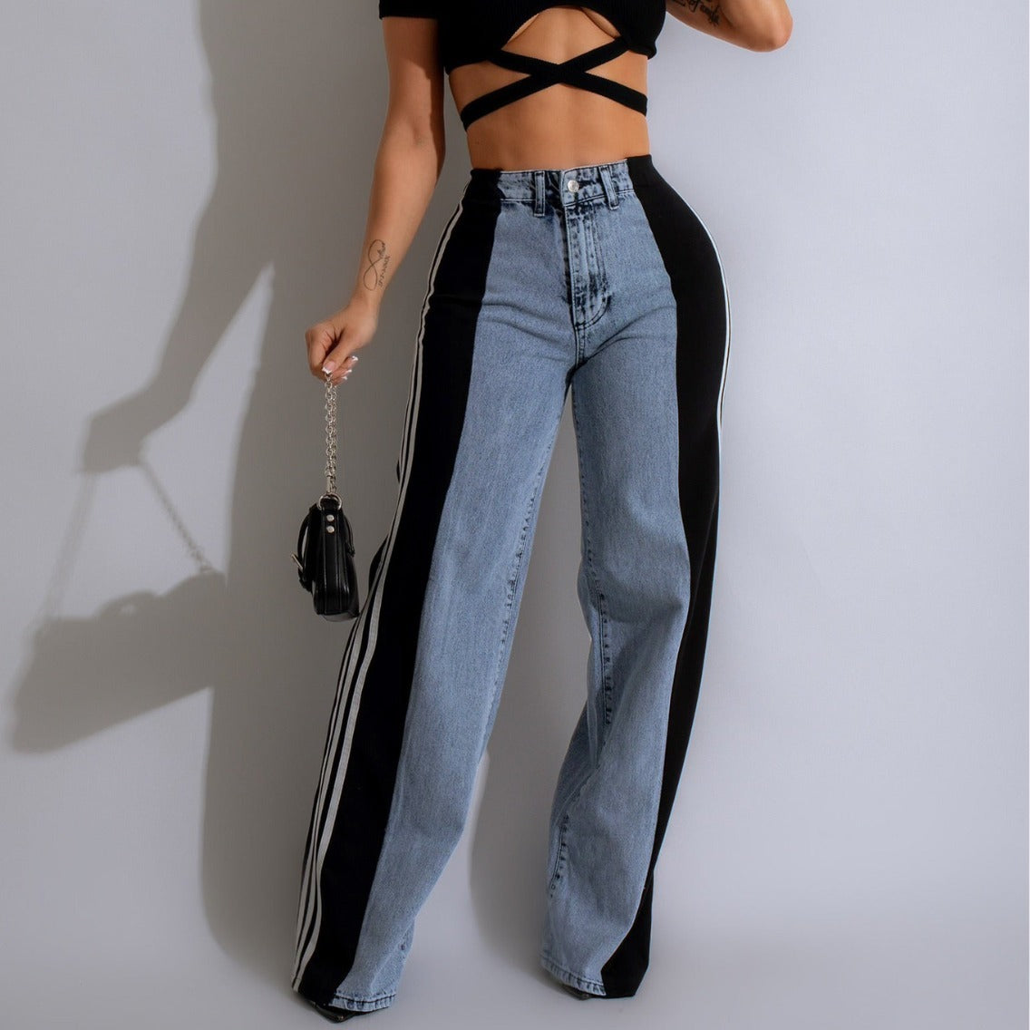 Casual High Waist Elastic Straight Leg Trousers, Denim Wide Leg Pants