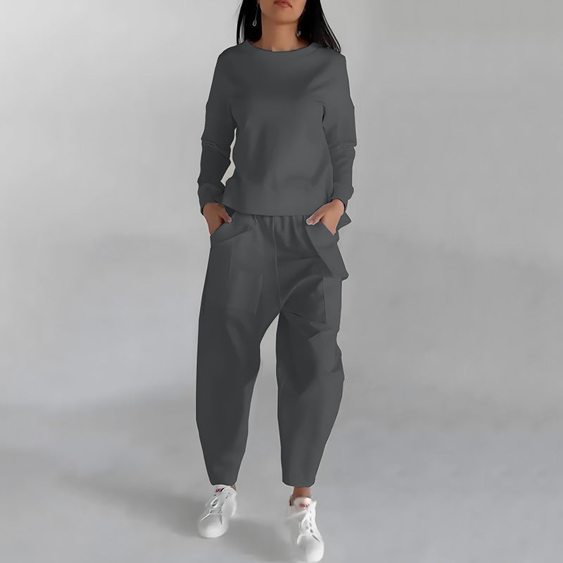 Sweatshirt Long Sleeve Back Slit Top With Pockets Loose Trousers