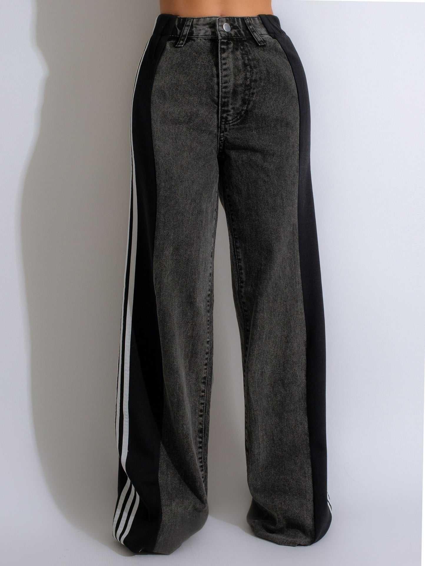 Casual High Waist Elastic Straight Leg Trousers, Denim Wide Leg Pants