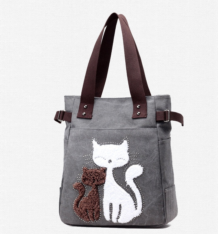 KVKY Women Canvas Bag Handbag Cute Plush Cat Appliques Beach Bag