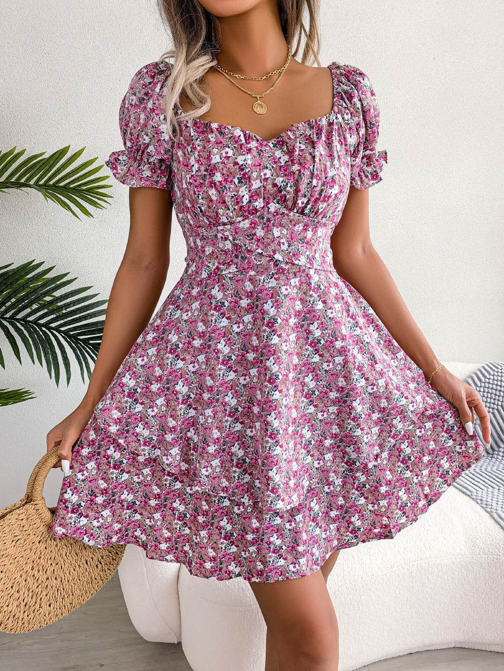 Mini Dress Swing Loose Hem Flower Print Shirring Dress