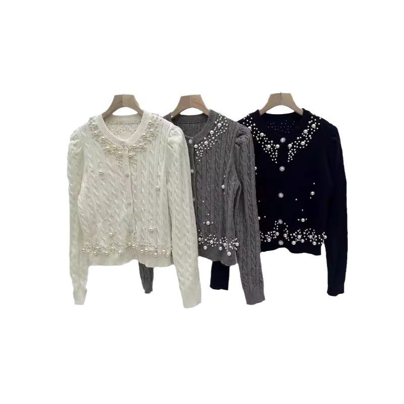 Heavy Industry Beaded Twist Bubble Long Sleeve Knitted Sweater