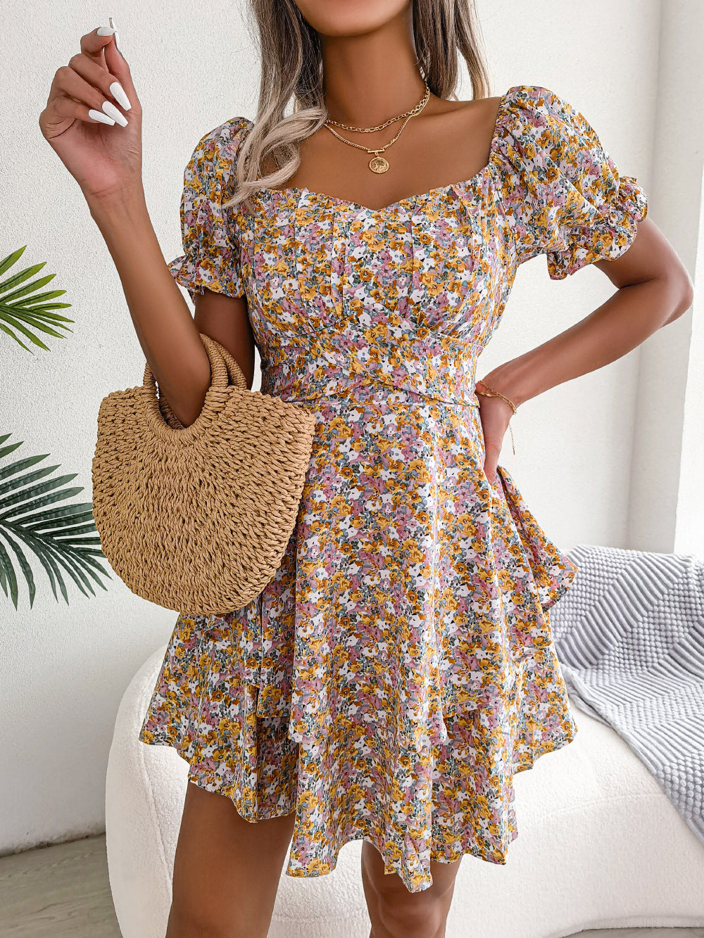 Mini Dress Swing Loose Hem Flower Print Shirring Dress