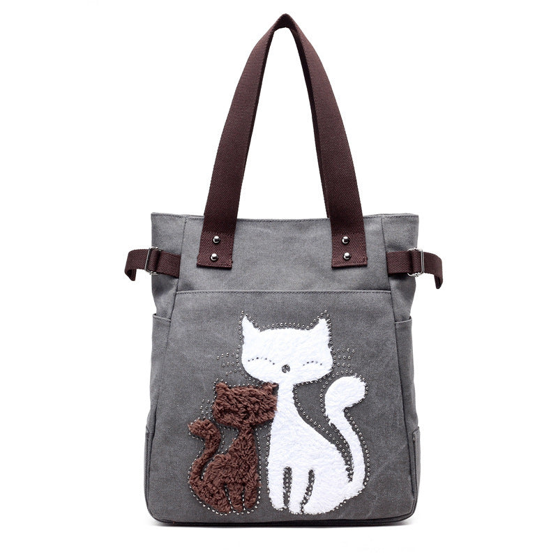 KVKY Women Canvas Bag Handbag Cute Plush Cat Appliques Beach Bag