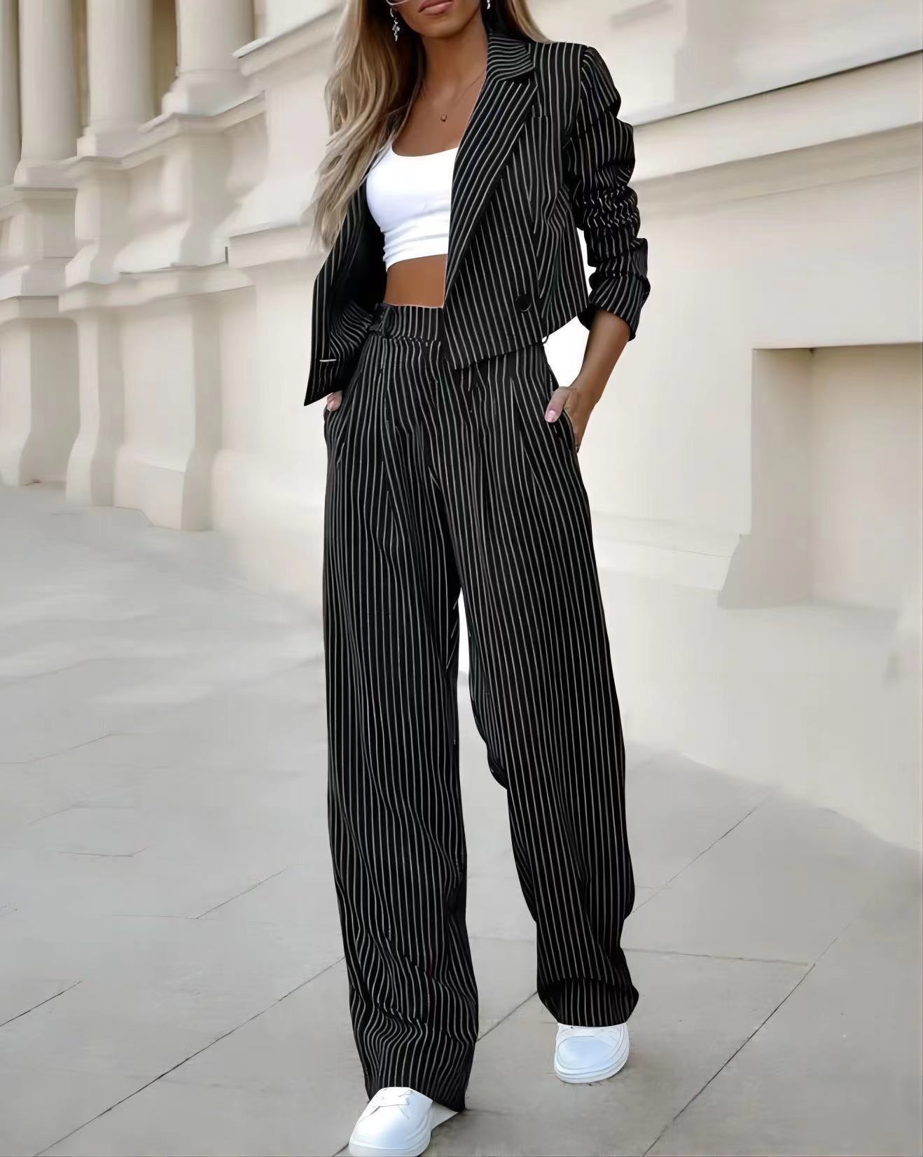 Striped Suits Casual Lapel Long Sleeve Cropped Top And Straight Pants Outfits