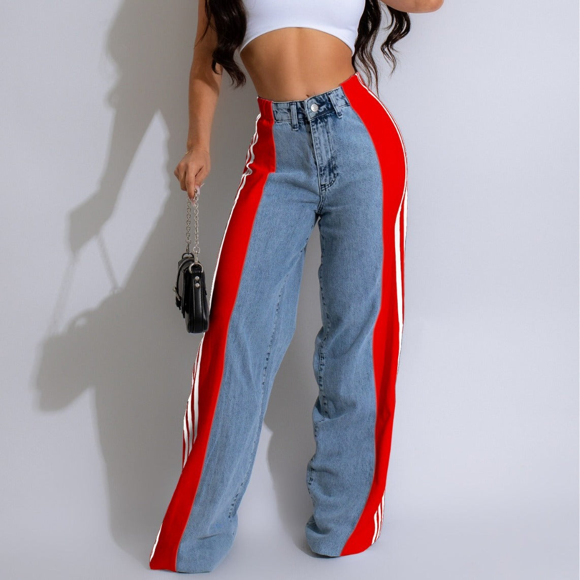 Casual High Waist Elastic Straight Leg Trousers, Denim Wide Leg Pants