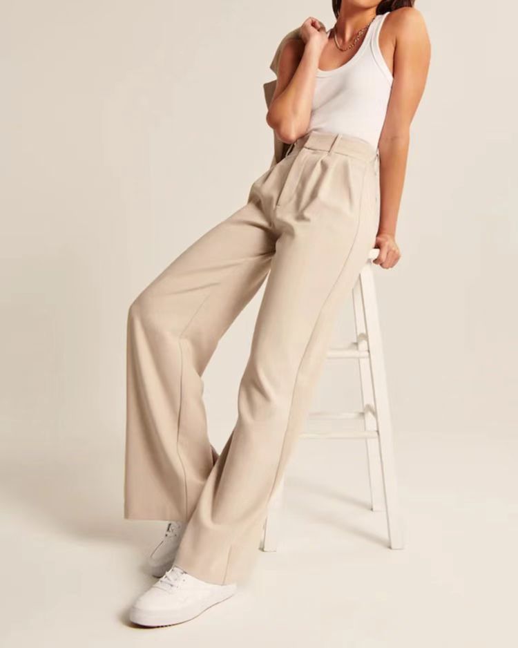 High Waist Straight Trousers With Pockets Wide Leg Casual Pants