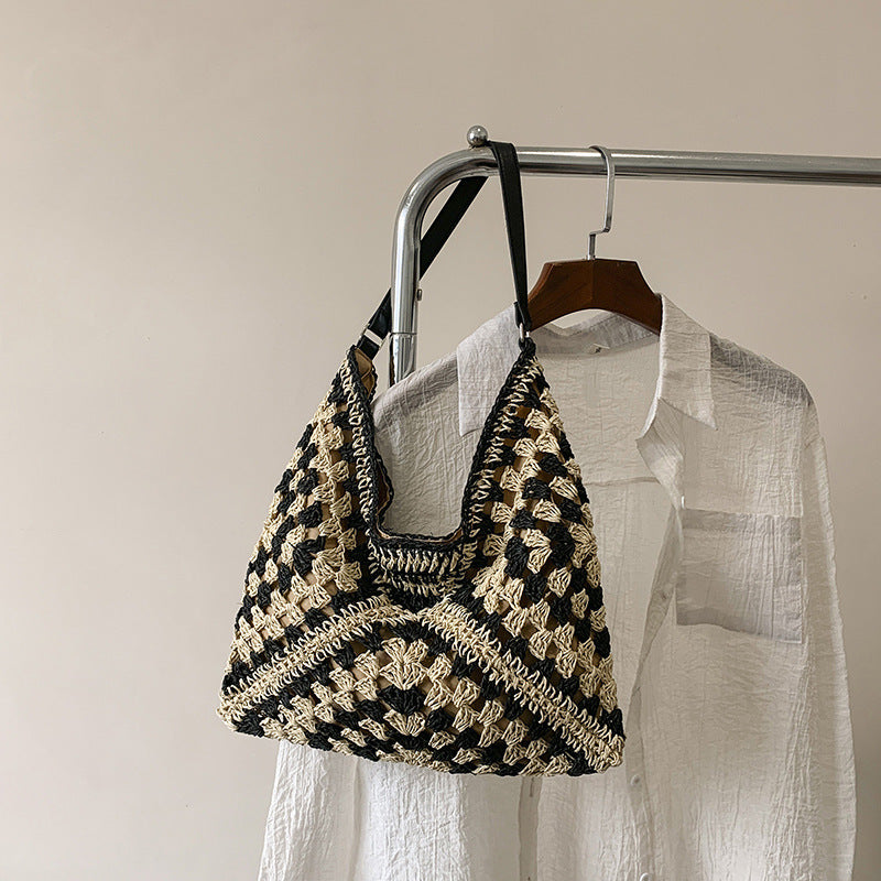 Handmade Straw Woven Hollow Contrast Color Weave Shoulder Bag