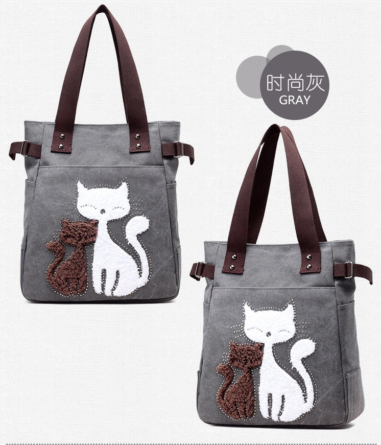 KVKY Women Canvas Bag Handbag Cute Plush Cat Appliques Beach Bag