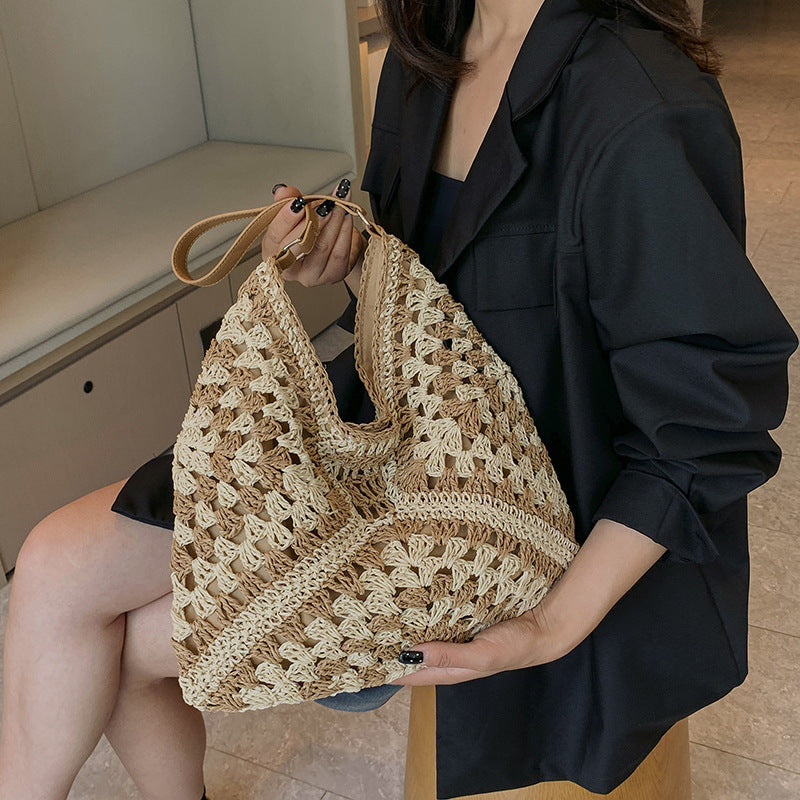 Handmade Straw Woven Hollow Contrast Color Weave Shoulder Bag