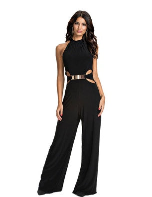 Casual stitching long-sleeved high-neck flared pants black sling jumpsuit