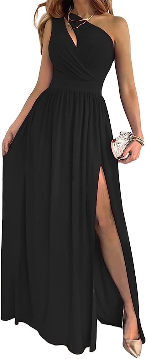 One Shoulder High Split Cutout Sleeveless Elegant Sexy Cocktail Maxi Dress