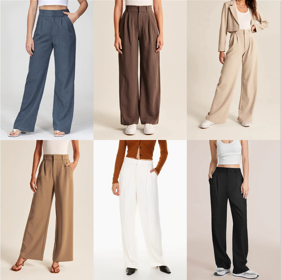 High Waist Straight Trousers With Pockets Wide Leg Casual Pants