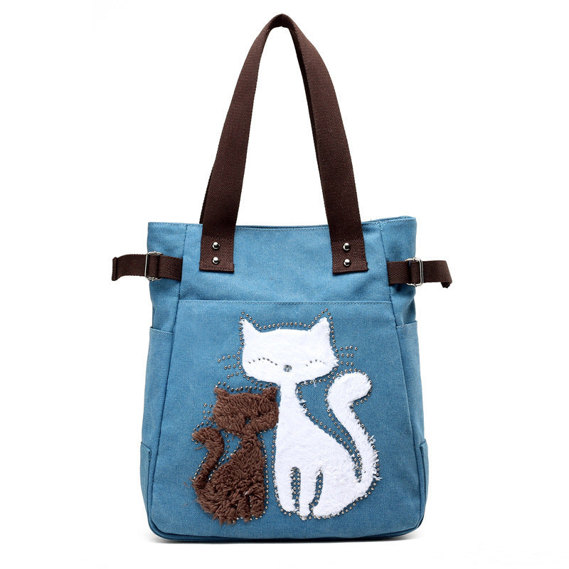 KVKY Women Canvas Bag Handbag Cute Plush Cat Appliques Beach Bag