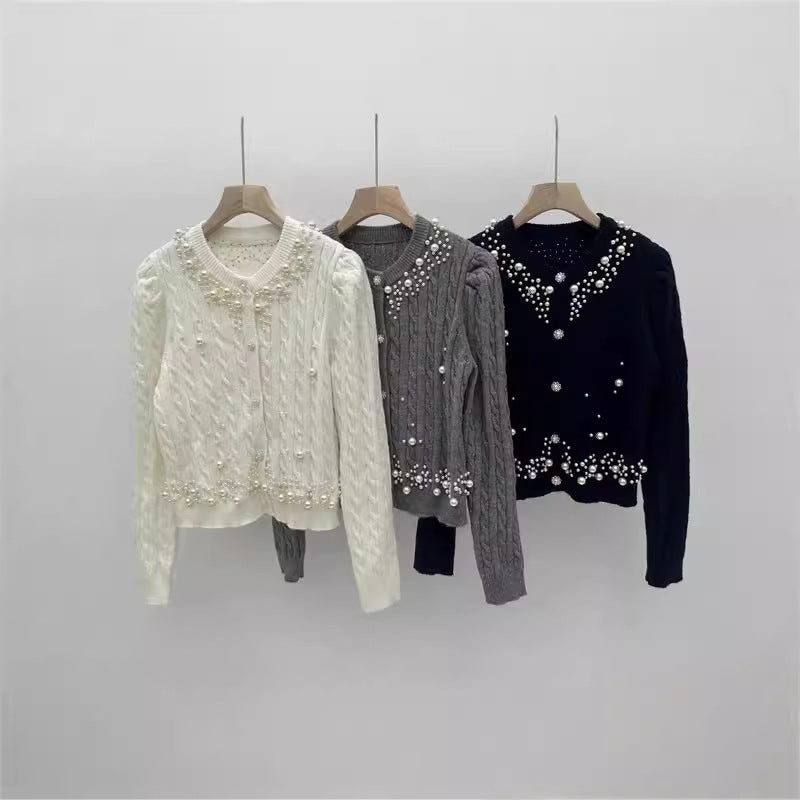 Heavy Industry Beaded Twist Bubble Long Sleeve Knitted Sweater