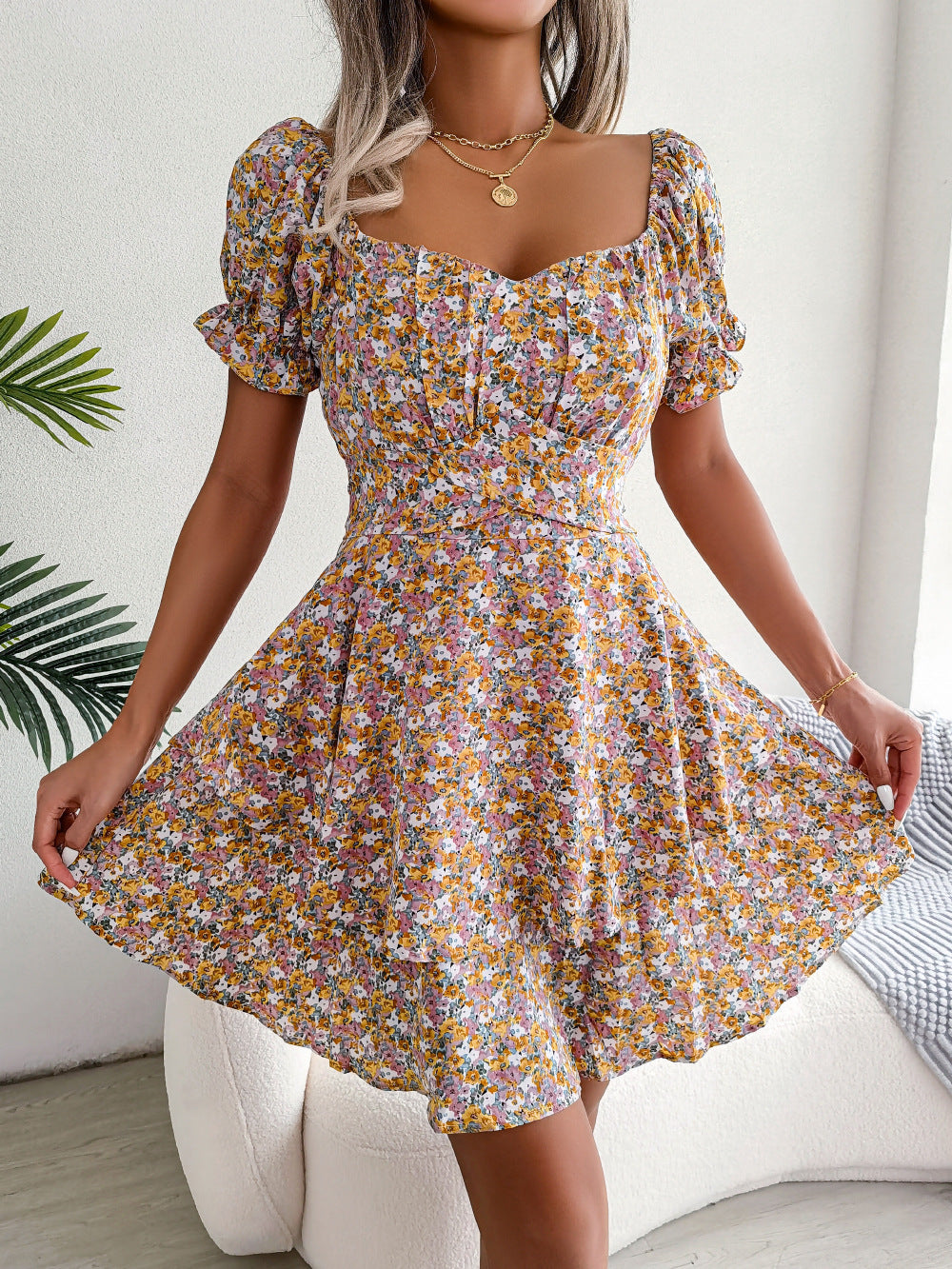 Mini Dress Swing Loose Hem Flower Print Shirring Dress