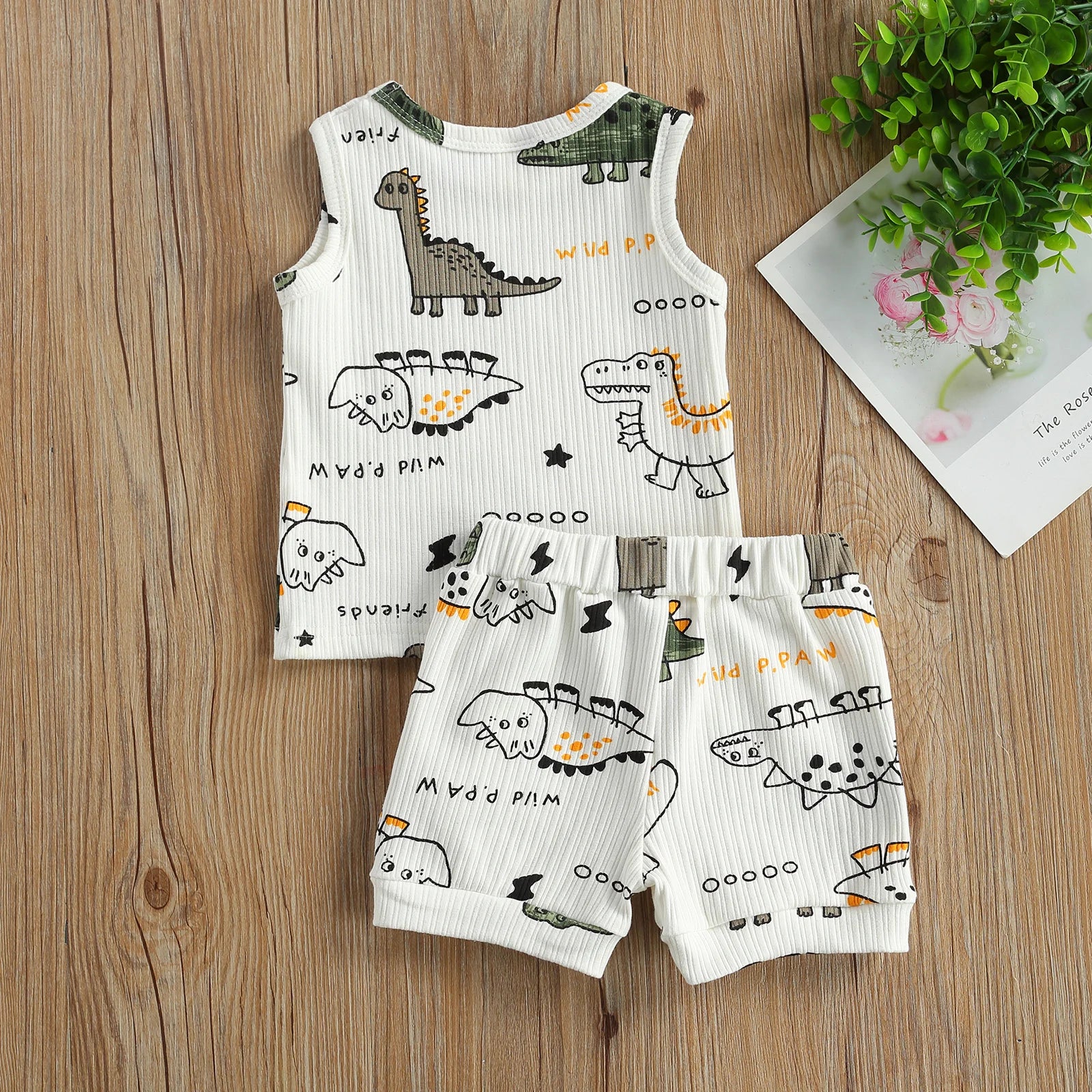 2Pcs Cartoon Dinosaur Print Sleeveless Vest+Elastic Waist Shorts for Toddler Boys