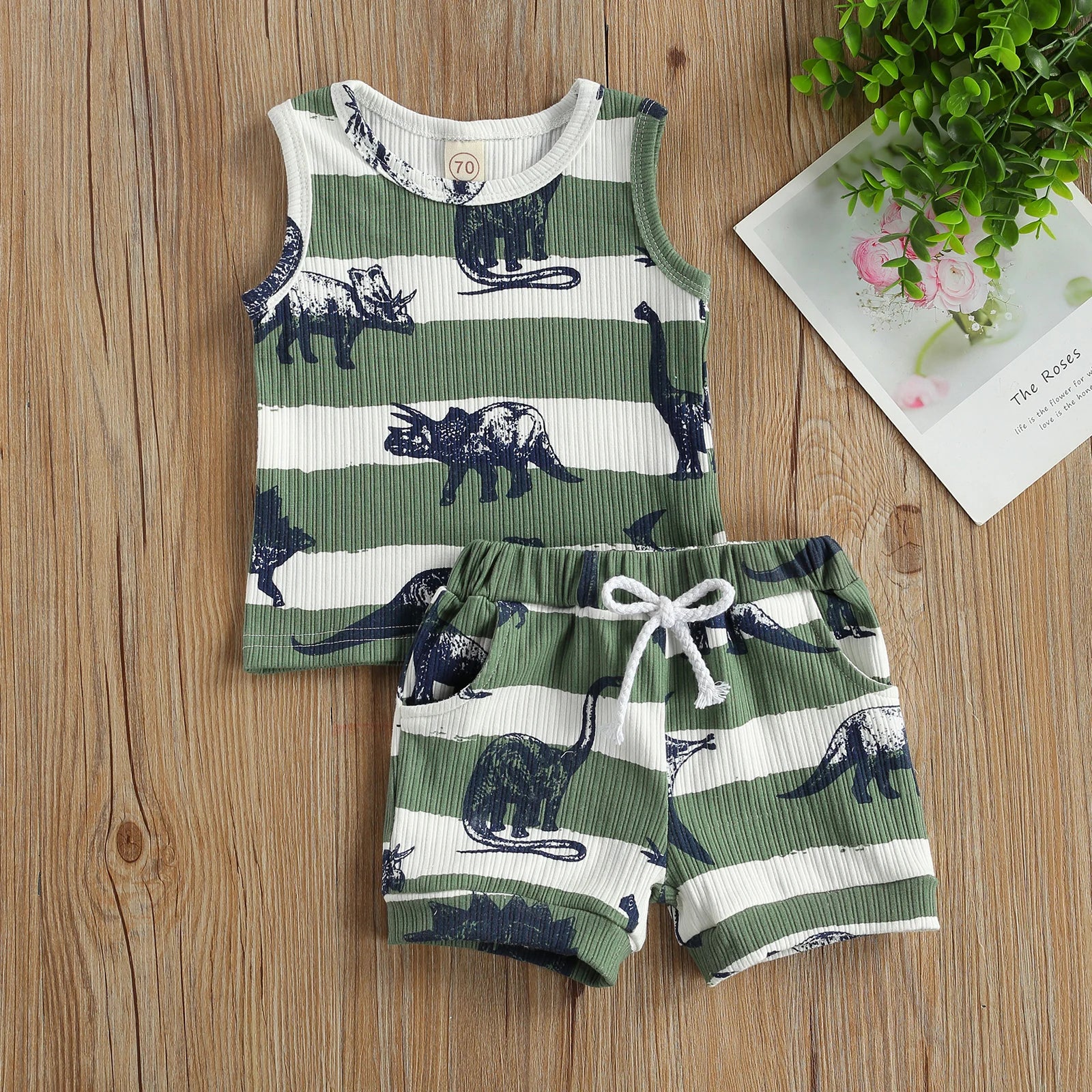 2Pcs Cartoon Dinosaur Print Sleeveless Vest+Elastic Waist Shorts for Toddler Boys