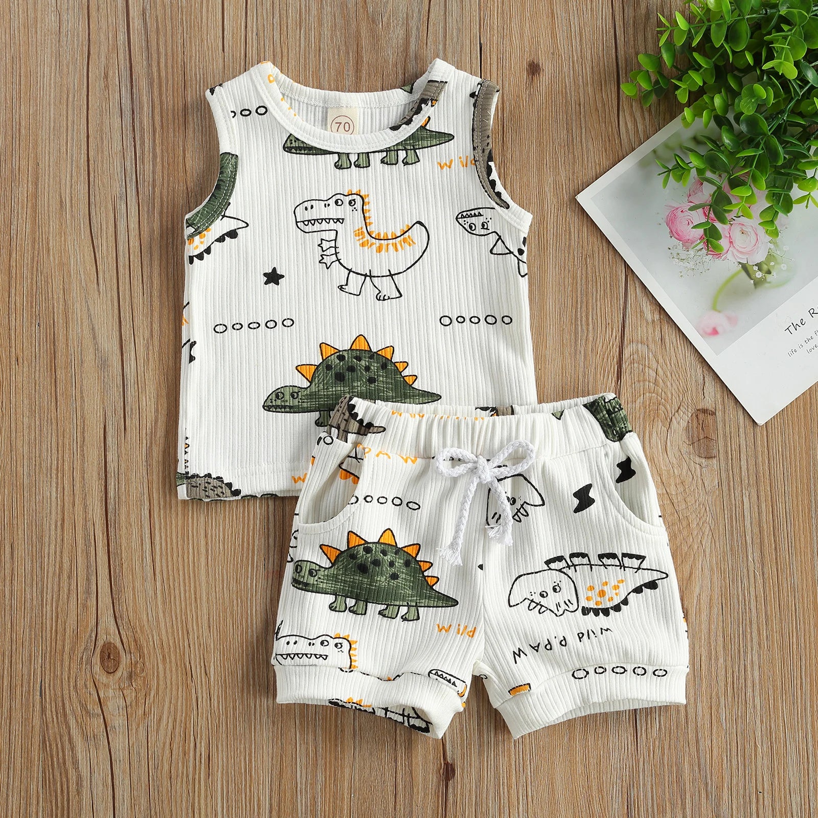 2Pcs Cartoon Dinosaur Print Sleeveless Vest+Elastic Waist Shorts for Toddler Boys