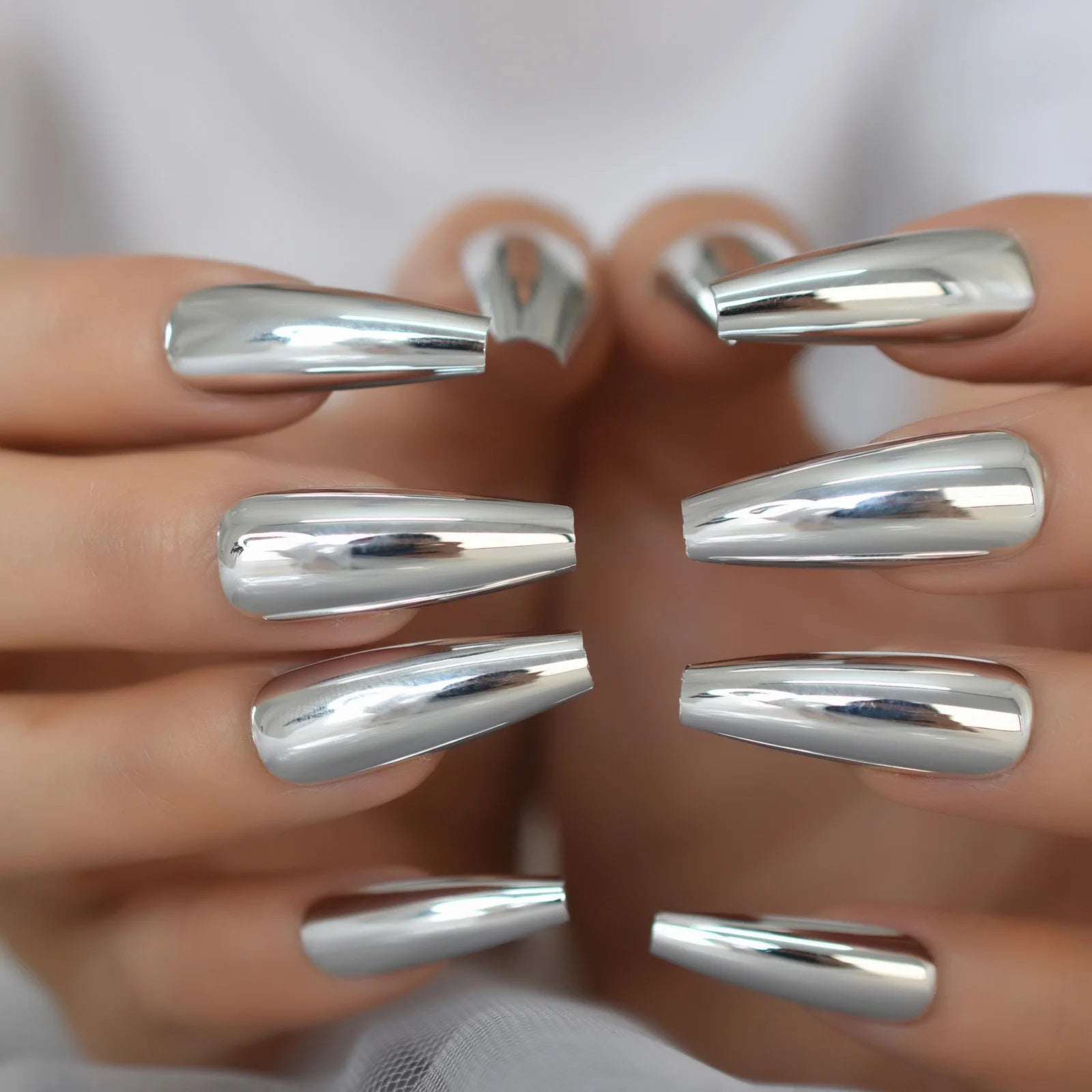 Coffin Fake Nails Long Ballet Metallic