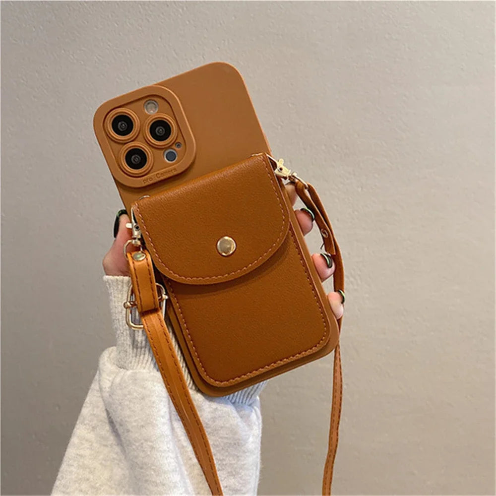 Luxury Card Bag Crossbody Case for iPhone 14Pro 11 12 13 14 15 Pro Max XS XR X 7 8 Plus SE Long Rope Retro Wallet Lanyard Cover
