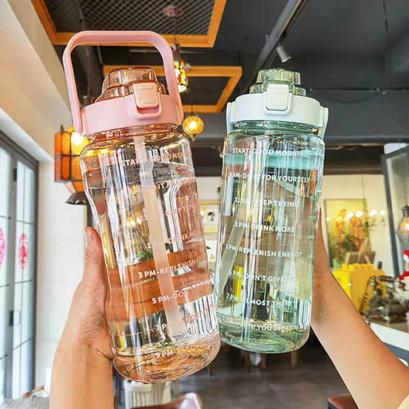 2 Liters Plastic Kettle Large Portable Travel Water Bottle with Straw  Sports Fitness Cup High Value Big Fat Cup Adult Universal