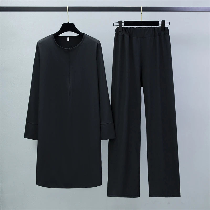 Two Pieces Suits Set. Long Chiffon Shirts Pullover Tops and Straight Pants Loose Trousers