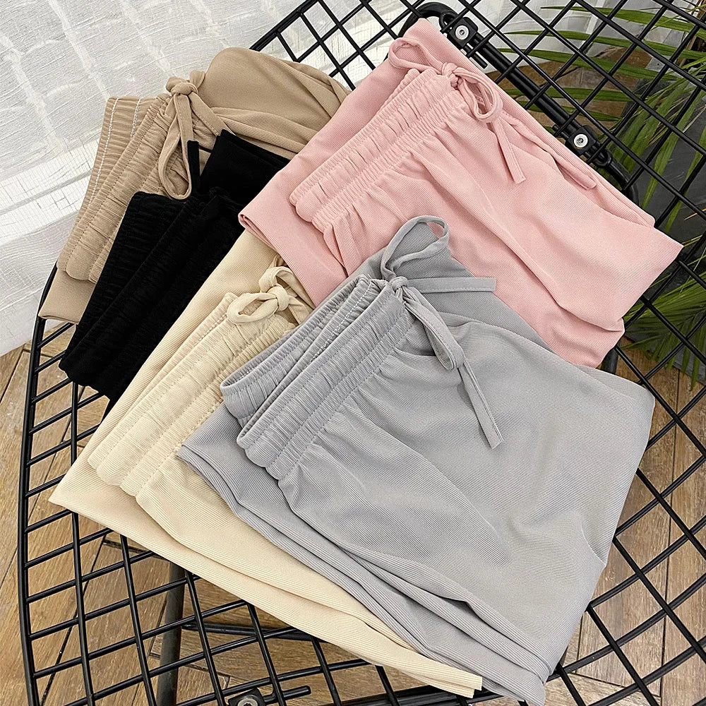 Women Ankle-Length Wide Leg Pants trouser Casual Elastic Waist