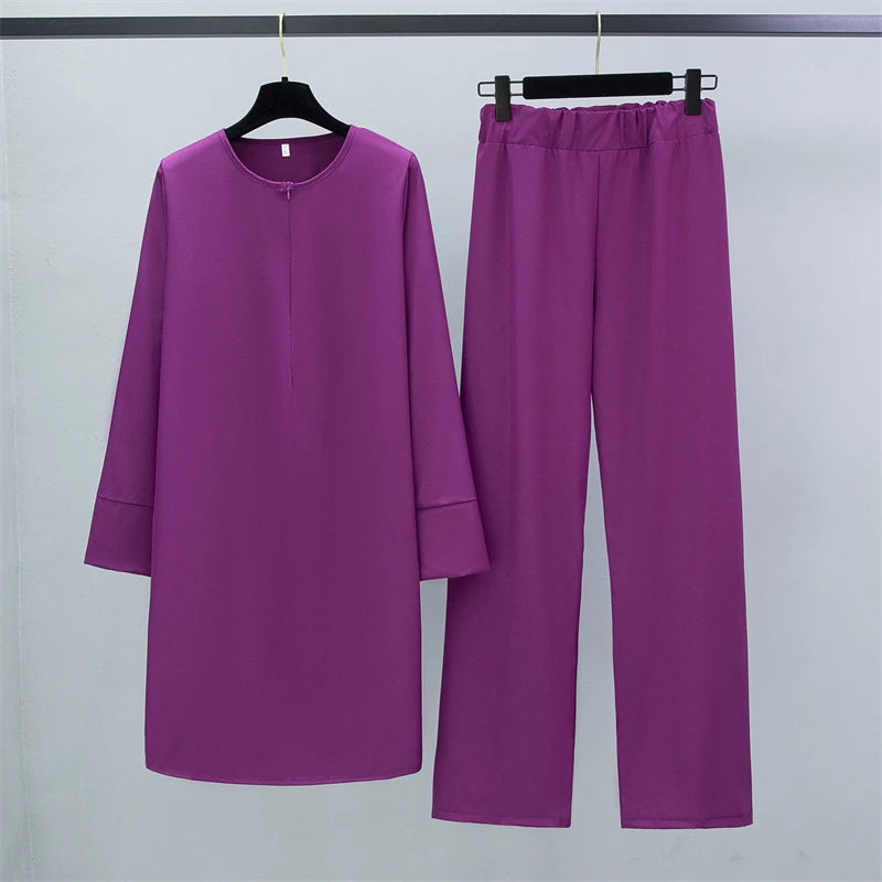 Two Pieces Suits Set. Long Chiffon Shirts Pullover Tops and Straight Pants Loose Trousers