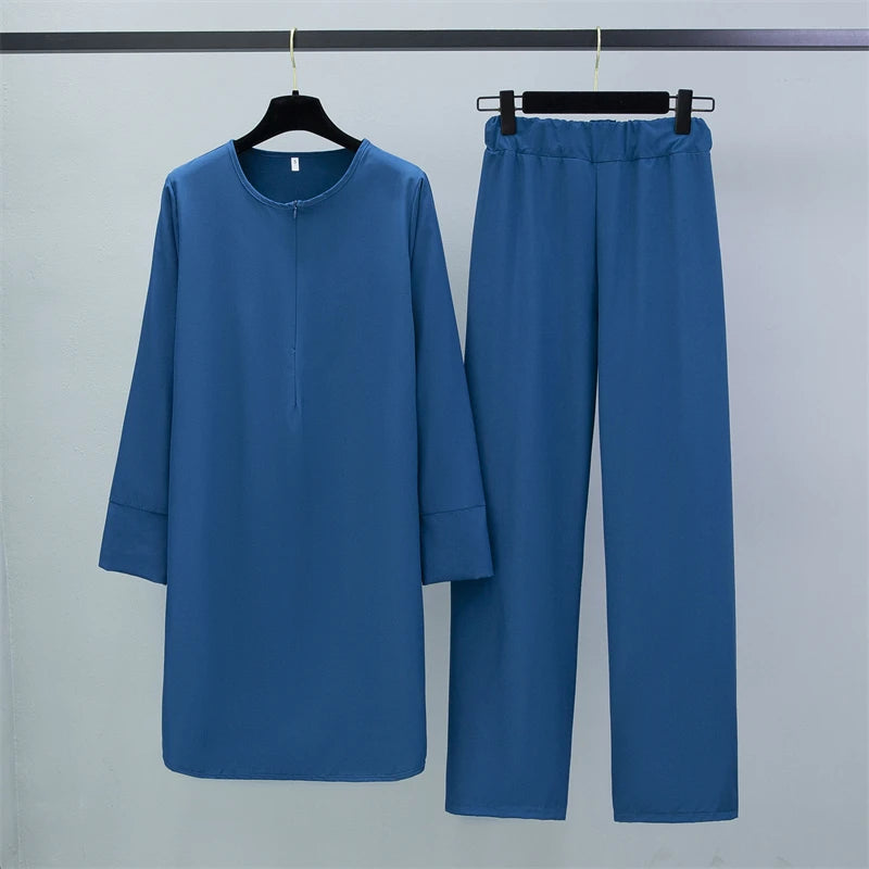 Two Pieces Suits Set. Long Chiffon Shirts Pullover Tops and Straight Pants Loose Trousers