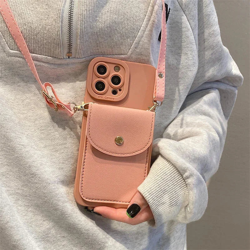 Luxury Card Bag Crossbody Case for iPhone 14Pro 11 12 13 14 15 Pro Max XS XR X 7 8 Plus SE Long Rope Retro Wallet Lanyard Cover