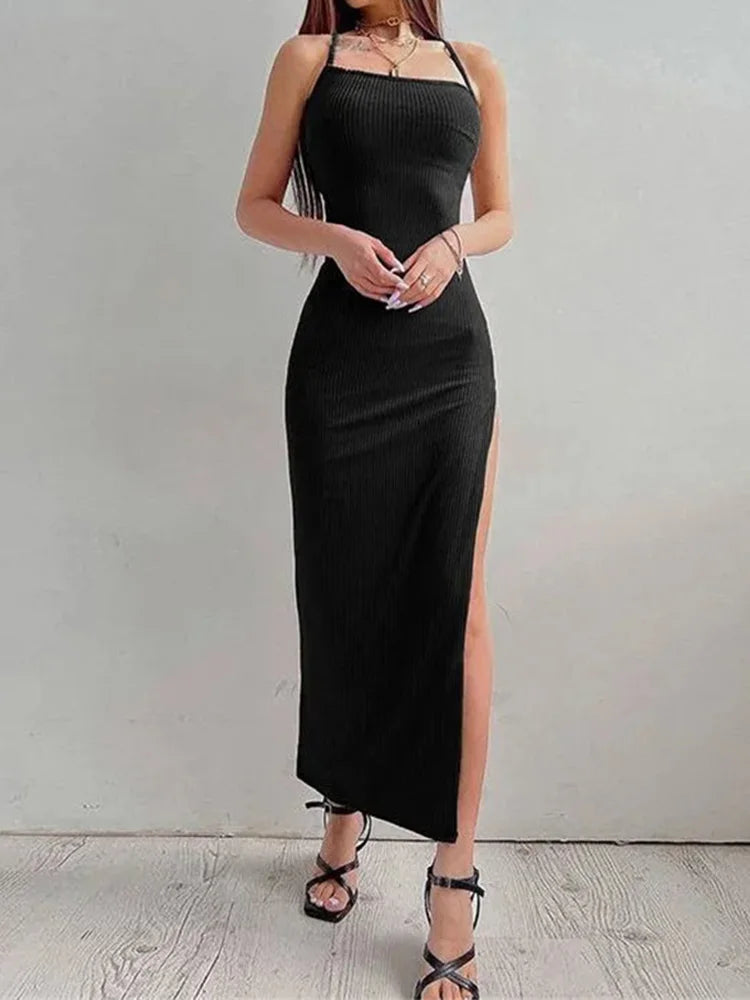 Sexy Black Long Bodycon Dress Women Summer Sleeveless Blackless Halter Neck